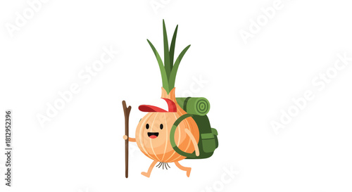 Adventurous Onion Embarking on a Hiking Trip with Backpack and Walking Stick