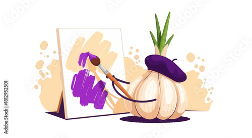 Artistic Fusion: Culinary Still Life with a Garlic Head and a Palette Knife Impression