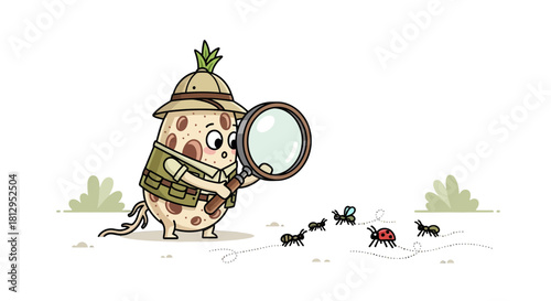 Adventurous Potato Character Examines Insects Through a Magnifying Glass Isolated