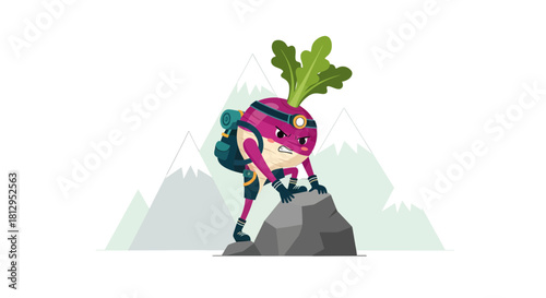 Adventurous Radish Climbs, Reaching New Heights Over Stark Grey Mountainous Terrain