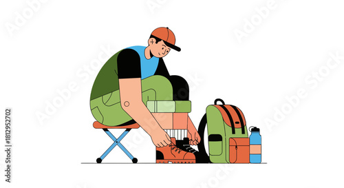 Adventurous Traveler Prepares Boots Before The Hiking Journey Against Black Background