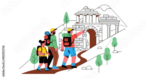 Adventurous Travelers Exploring Ancient Architecture and Discovering Historical Landscapes