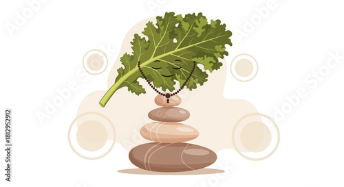 Aesthetic Kale Leaf with Stone Balancing Depicting Harmony and Tranquility Perfectly