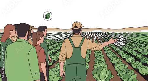 Agricultural Demonstration: Farmer Guiding Group Through Sustainable Farming Techniques