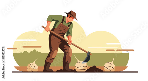 Agricultural Laborer Cultivating Harvested Crops With A Hoe In A Field Illustration
