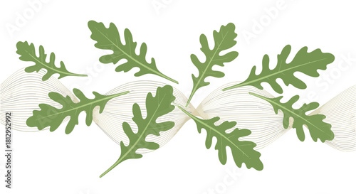 Arugula Leaves Displayed Amidst Dynamic Graphic Wavy Lines on a Black Background