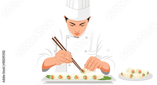 Asian Cuisine Chef Artfully Preparing Delicious Spring Rolls For Exquisite Culinary Experience