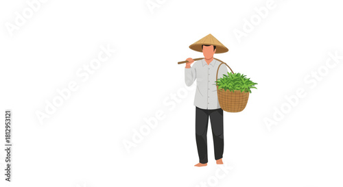 Asian Farmer Carrying Fresh Produce In a Woven Basket With Traditional Hat