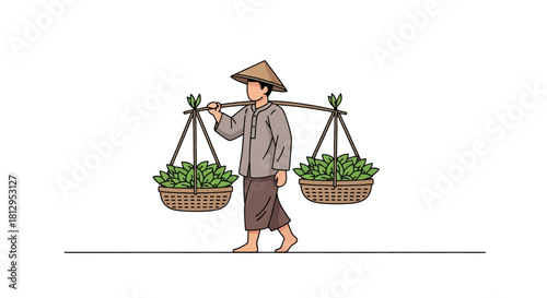 Asian Farmer Carrying Produce in Baskets, Illustration Over Black Background
