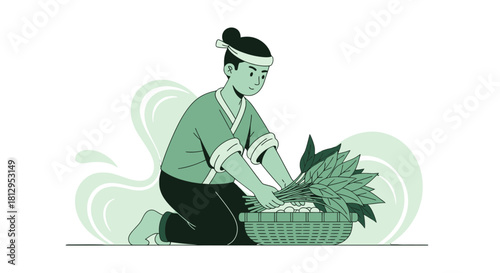 Asian Farmer Harvesting Botanical Elements into Woven Basket, Symbolic Vector Illustration