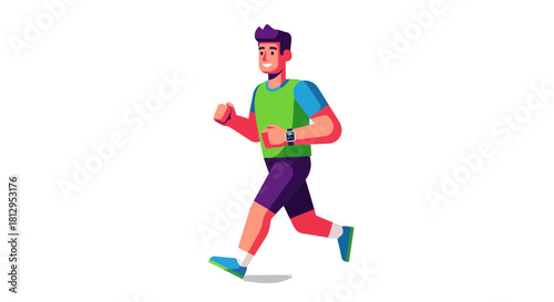 Animated Athlete Running in Motion with His Smartwatch Displaying Fitness Metrics