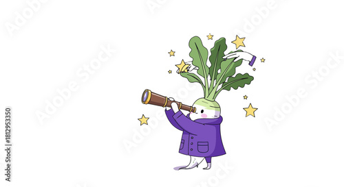Astronomical Vegetable Character Gazing Upward Through a Telescope with Starry Accents
