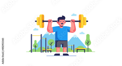 Athlete Lifting Weights In A Park With Background Recreation Tools Illustration