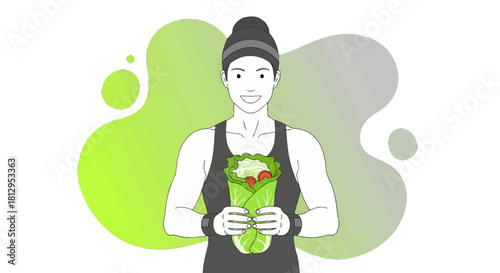 Athlete Holding Fresh Healthy Wrap Against Abstract Backdrop With Black Background