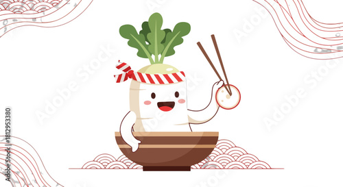 Animated Cartoon Radish Chef Serves Food from a Bowl on Black Background