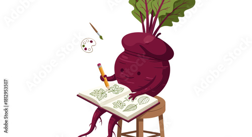 Beetroot Artist Illustrates Leaves In Nature, Artistic Cartoon, Isolated on Black