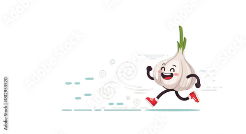 Animated Garlic Character Running With Joyful Expression, Flat Vector Illustration Style