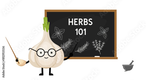 Animated Garlic Character Teaches Herb Identification On Blackboard With Basil And Rosemary
