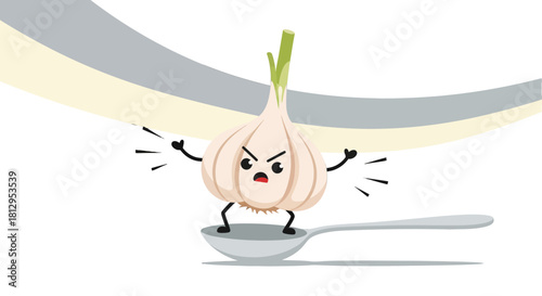 Animated Garlic Character Standing on a Spoon with a Bold and Distinctive Design Style