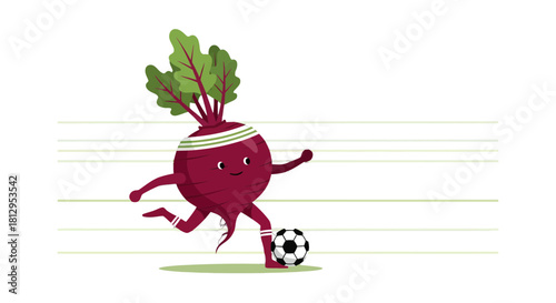 Beetroot Athlete Kicking Soccer Ball in Playful Illustration on Black Background