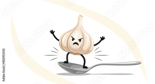 Animated Garlic Character Standing on a Spoon Expressing Intense Frustration, Ready to Serve