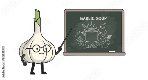 Animated Garlic Character Teaches How To Prepare Delicious Soup Recipe At The Blackboard