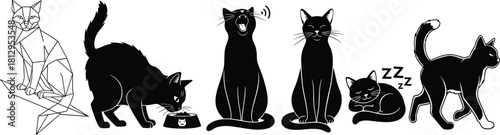 Horizontal collection of various cat vector illustrations, featuring black silhouettes in sitting, eating, sleeping, walking, and geometric polygonal styles for pet, animal, and veterinary concepts.