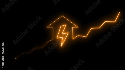 Orange neon arrow with lightning bolt and rising graph on black background bright charge