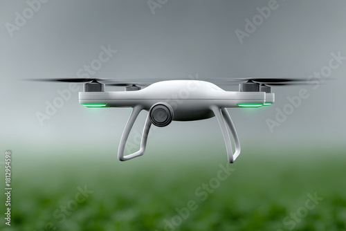 Modern white drone hovering in the air with green lights