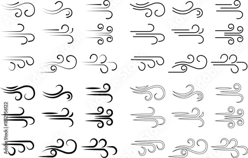 Black Wind Breeze Swirl Icon Set Collection Group in Flat Line Style, Air Flow Symbol Pack with Abstract Curved Gust Shapes, Minimal Outline Weather Elements and Motion Lines Vector Illustration