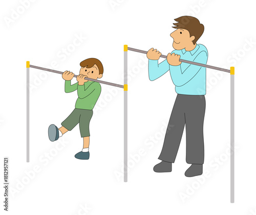 鉄棒の逆上がりの練習する男の子と見守る父親