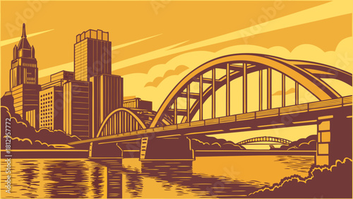 Pittsburgh skyline vector with bridge and cityscape over water. Suitable for travel brochures, postcards, website headers, and social media posts.