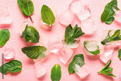 Ice cubes with mint leaves ...