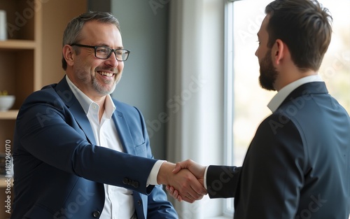 Smiling middle aged business man handshaking partner making partnership collaboration agreement at office meeting, hr manager and new worker shake hands recruiting at job interview. Welcome onboarding