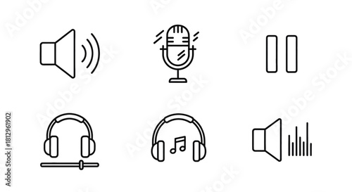 Clean line icons for music playback, recording, and volume control