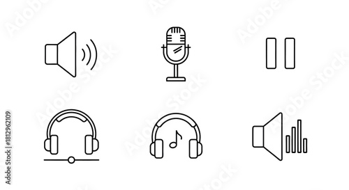 Collection of clean line art icons representing audio and music playback controls.