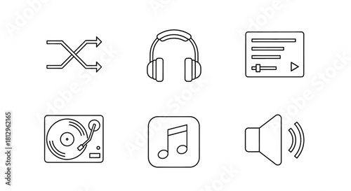 Collection of simple outline icons representing music playback and audio control