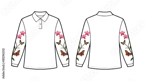 Technical fashion illustration of a garment design with detailed specifications and color options
