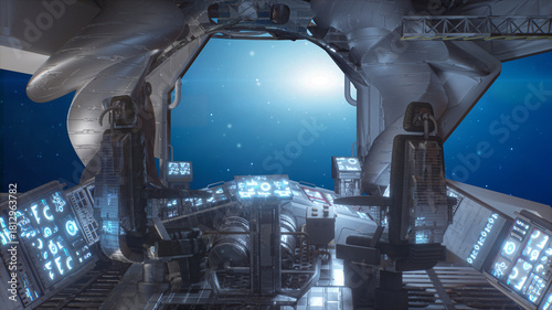 Spaceship Cockpit Interior with View of Earth and Stars Through Window - Sci-Fi Space Travel 3d render