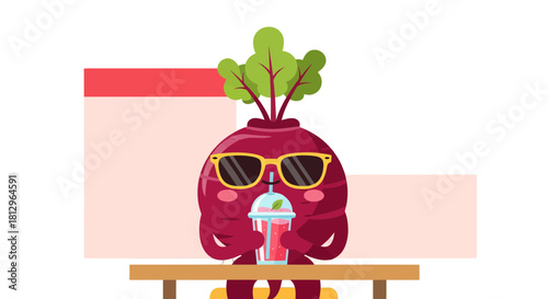 Beetroot Character Enjoying Smoothie in Sunglasses At Cafe, Cartoon Illustration