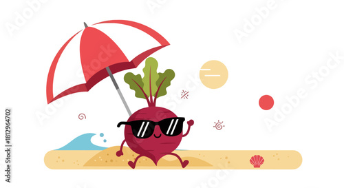 Beetroot Enjoying Sunny Beach Vacation, Relaxing Under Umbrella, Cartoon Illustration