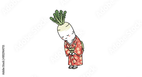 Cartoon Japanese Daikon Radish in a Kimono Expressing Gratitude and Showing Respect
