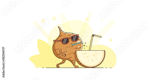 Cartoon Jicama Character Enjoying Refreshing Drink With Sunglasses And Fun Illustration