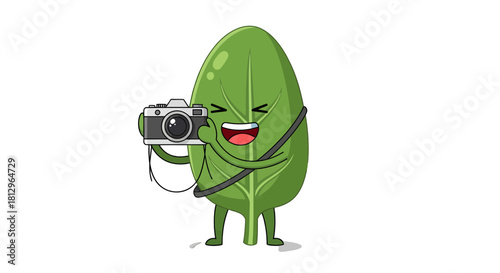 Cartoon Leaf Character Capturing Moments With Camera, Illustration, Black Background