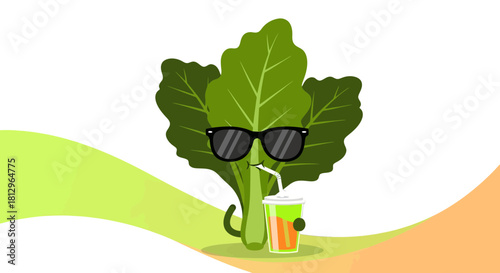 Cartoon Leafy Green Vegetable With Sunglasses Enjoys a Colorful Refreshing Drink