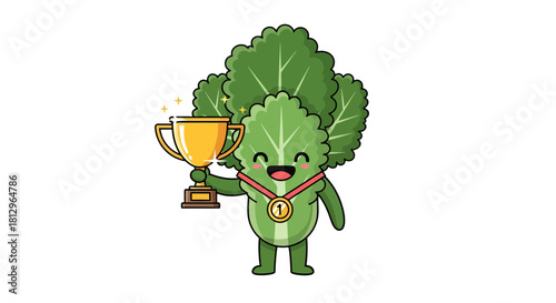 Cartoon Lettuce Character Wins a Trophy Celebrating a Achievement Against Black Background