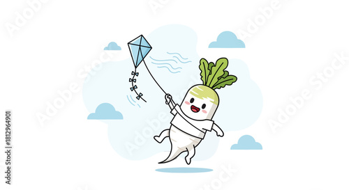 Cartoon Radish Character Joyfully Flying A Kite With Clouds In A Sky Above Black