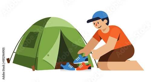 Camping Activities: A Person Organizing Shoes Outside A Green Tent On Black Background