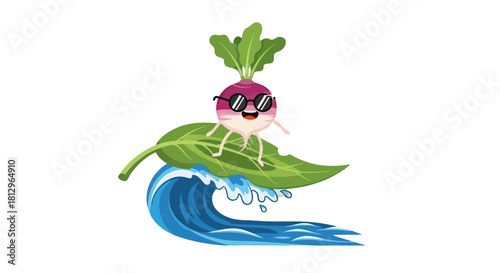 Cartoon Radish Character Surfing on Wave With Sunglasses Design on Black Background