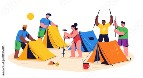 Camping Adventure: Friends Setting Up Tents Under Warm Sunshine Silhouette